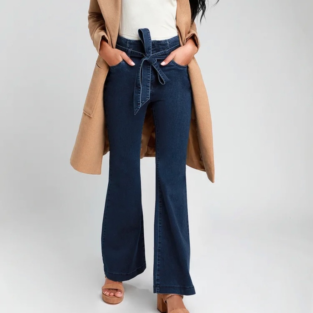 Dark Wash High Waisted Self Tie Wide-Leg Jeans